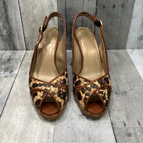 STUART WEITZMAN Cheetah Animal Print Raffia Cork Wedges Size 6.5 - Picture 3 of 9